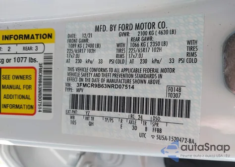 2022 Ford Bronco Sport Big Bend из США, поврежденный, VIN 3FMCR9B63NRD07514